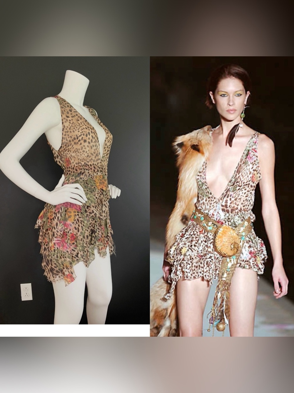 Roberto Cavalli S/S 2002 Vintage Runway Look #4 Multi Tiered Leo Mini Dress XS - Picture 1 of 10